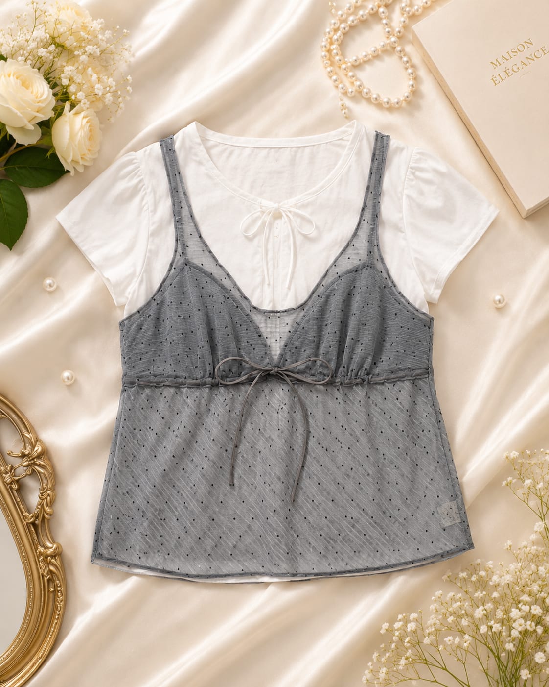 Dotted Sheer Layered Tie-Front Tee