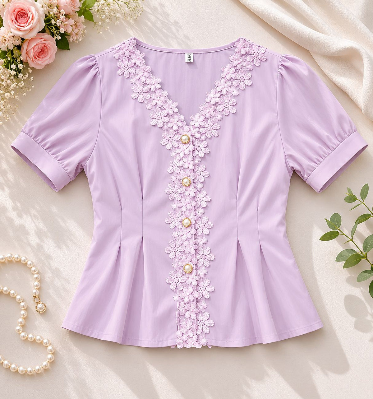 Pearl Button-up Puff Sleeve Top