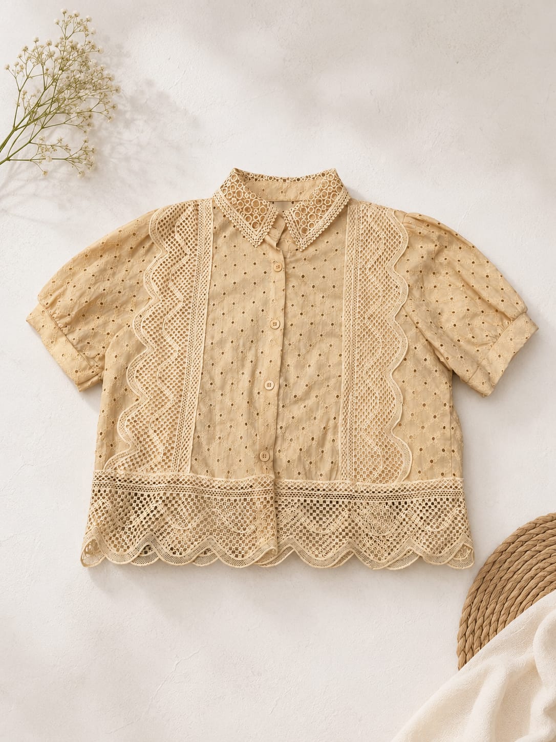 Lace Eyelet Button-up Top