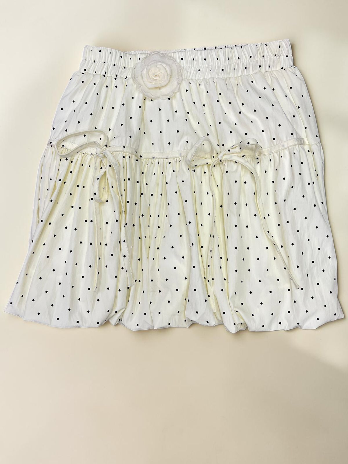 White Polka Dot Bubble Mini Skirt with Floral Detail