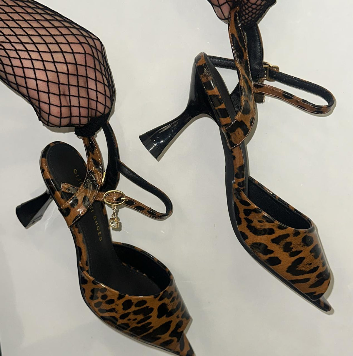 Leopard print ankle-wrap straps