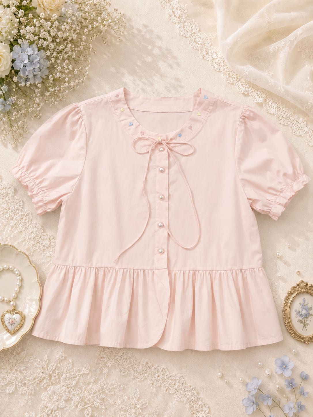 Heart Embroidered Puff Sleeve Top