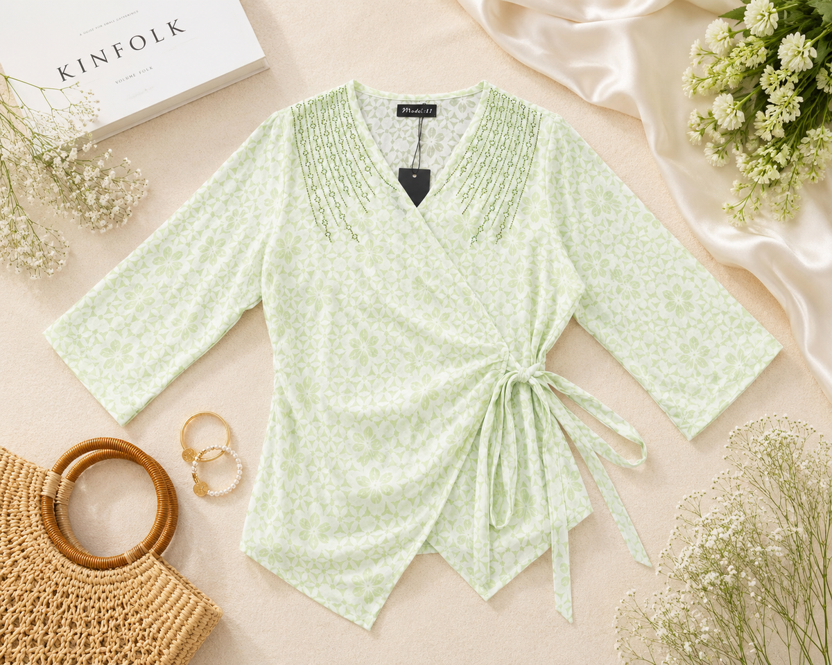 Botanical Print V-Neck Wrap Top