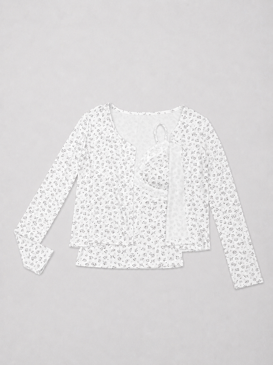 Women’s Floral Print Layered Lace Camisole Cardigan Set
