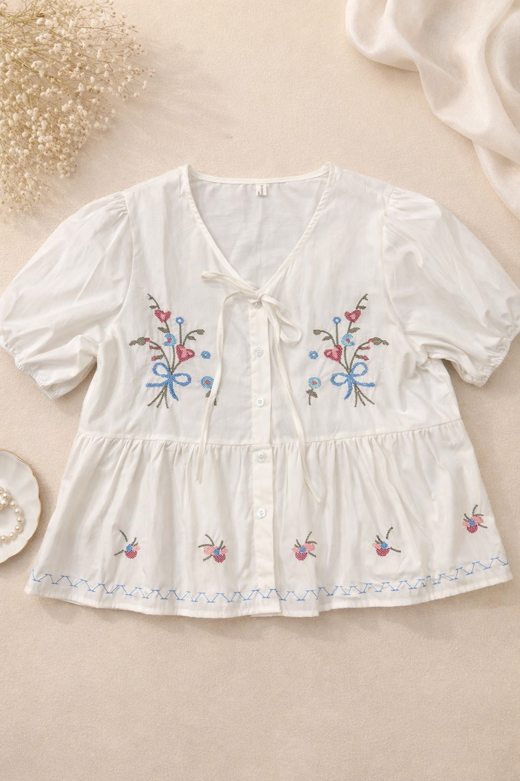 Ribbon Rose Button Down Top