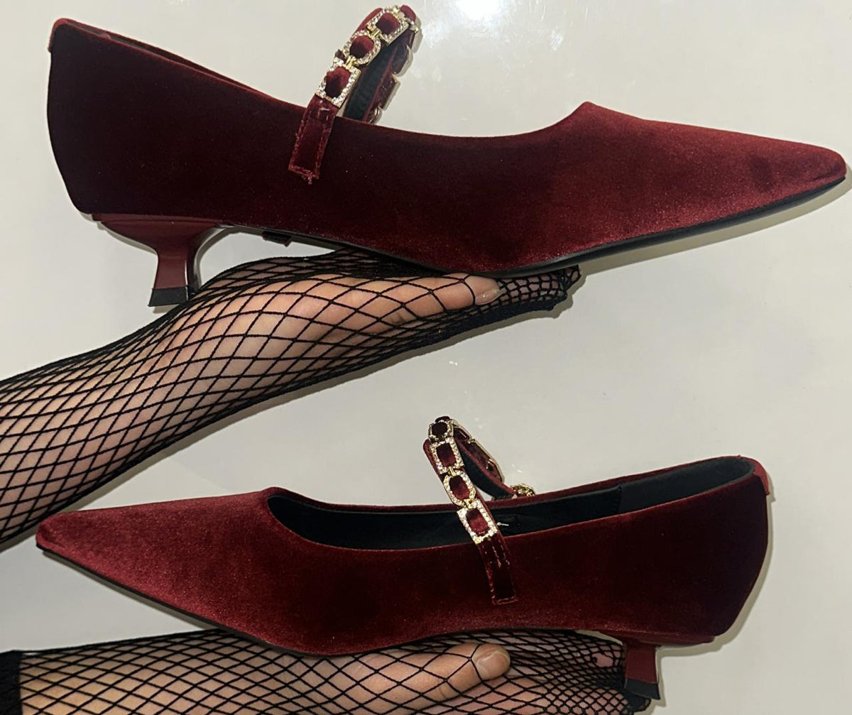 Chain Strap Velvet Kitten Heels