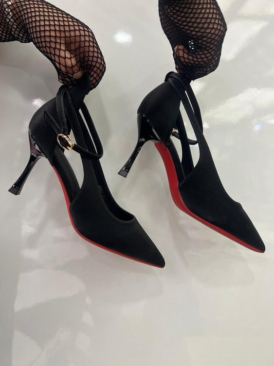Signature-style Red outsole Ankle-strap pointed Pumps
