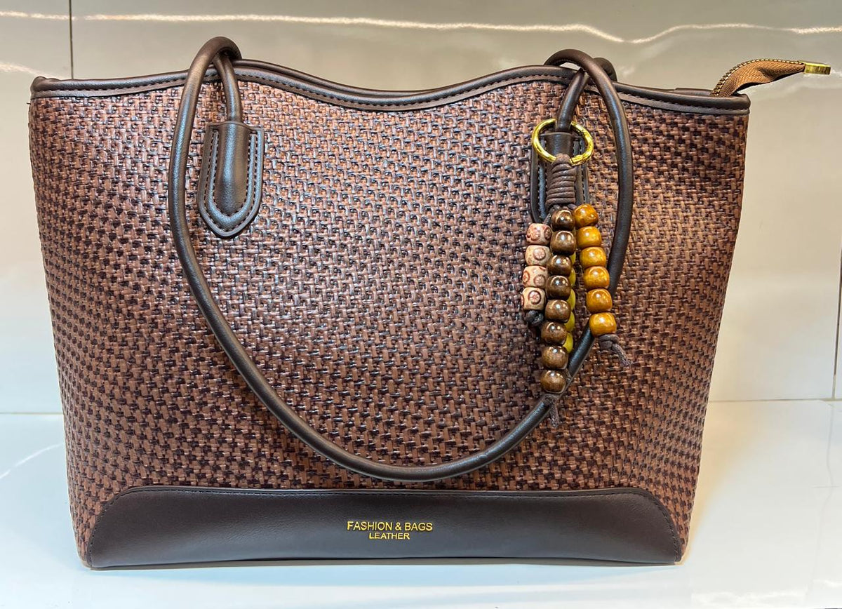 Woven Textured Tote Bag with Wooden Bead Charm