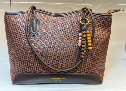 Woven Textured Tote Bag with Wooden Bead Charm