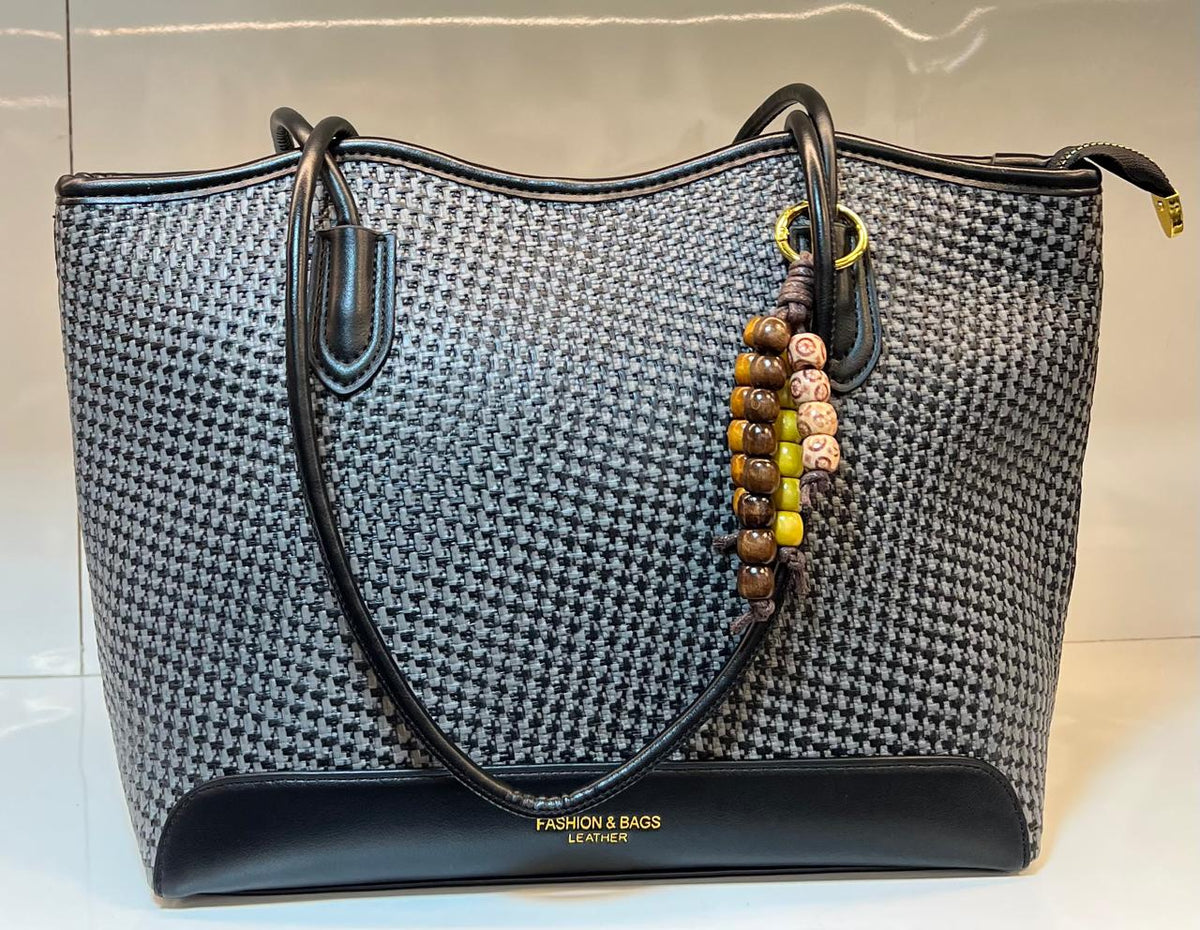 Woven Textured Tote Bag with Wooden Bead Charm