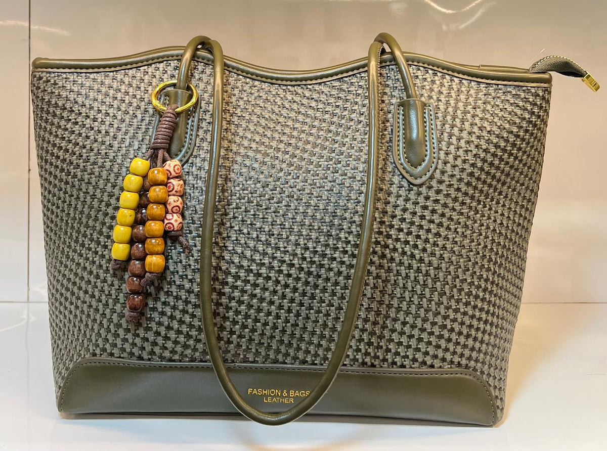 Woven Textured Tote Bag with Wooden Bead Charm