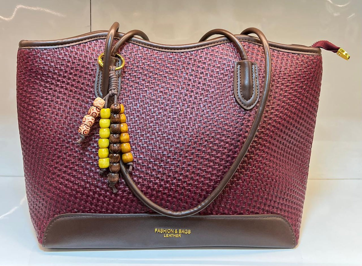 Woven Textured Tote Bag with Wooden Bead Charm