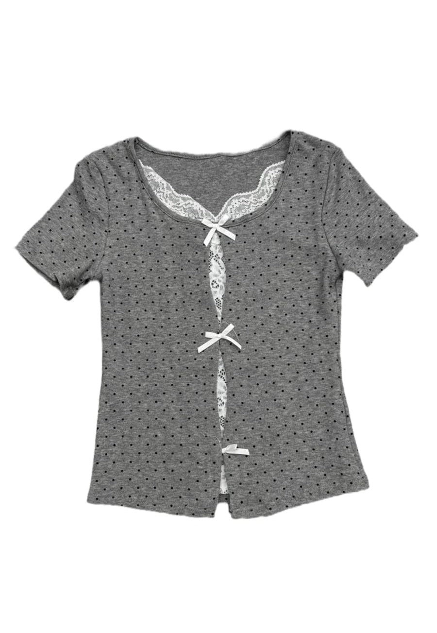 Polka Dot Lace Front Ribbon Top