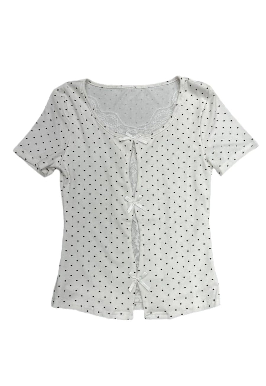 Polka Dot Lace Front Ribbon Top