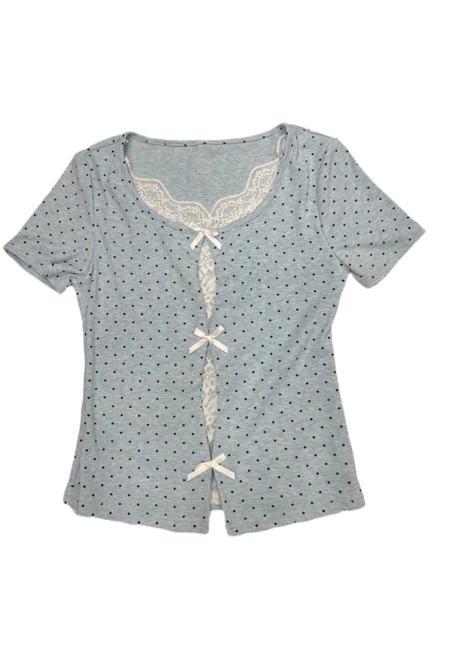Polka Dot Lace Front Ribbon Top