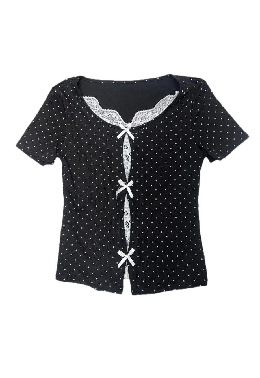 Polka Dot Lace Front Ribbon Top