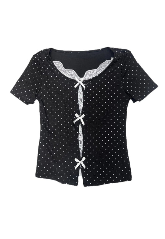 Polka Dot Lace Front Ribbon Top
