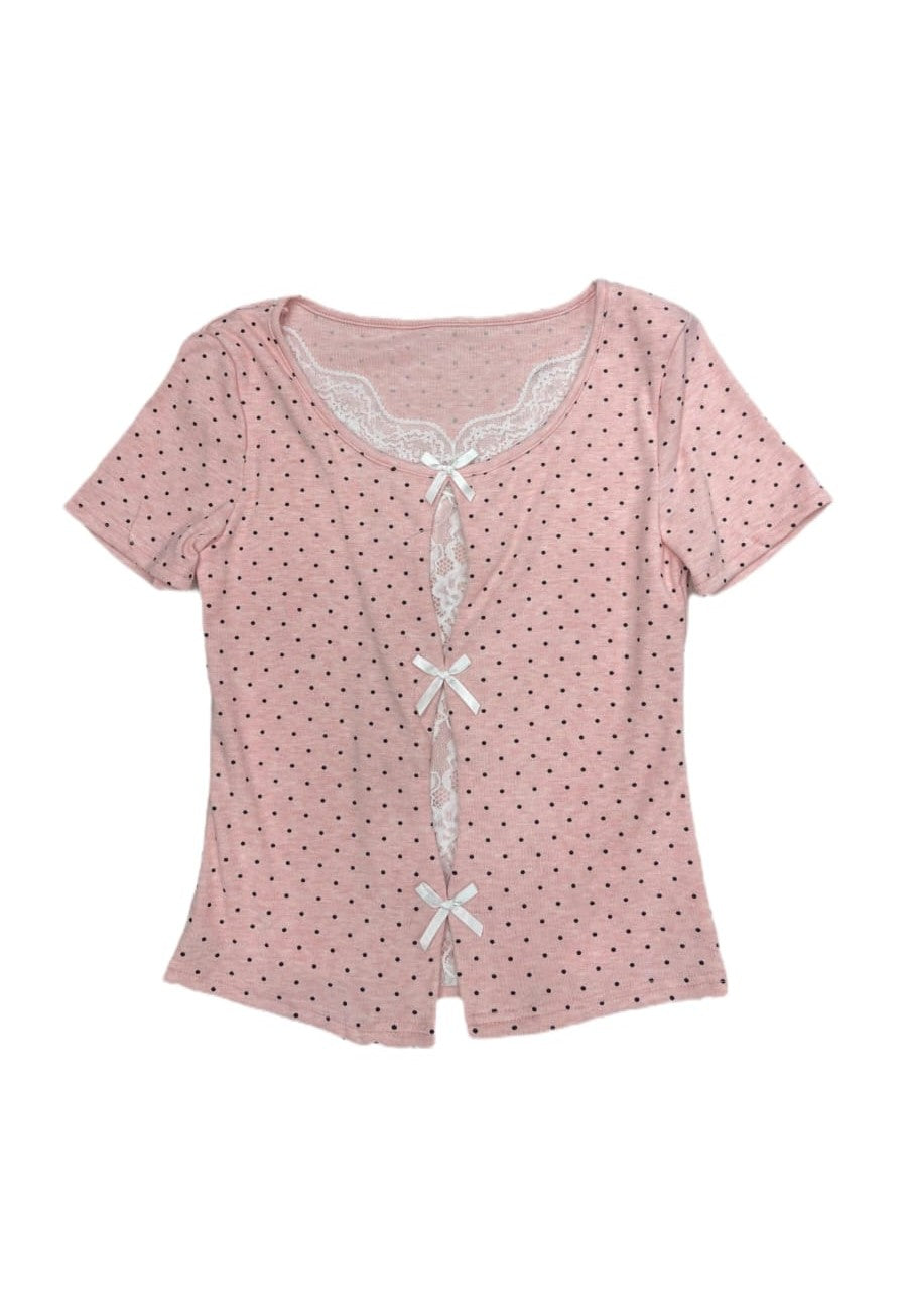 Polka Dot Lace Front Ribbon Top