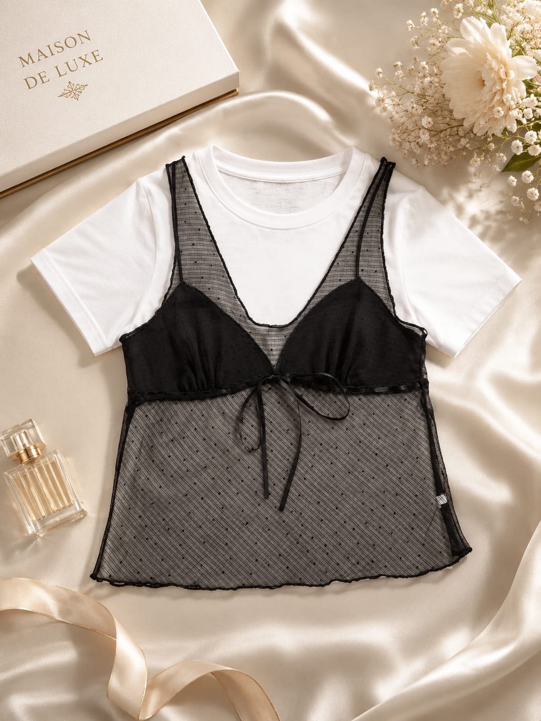 Dotted Sheer Layered Tie-Front Tee