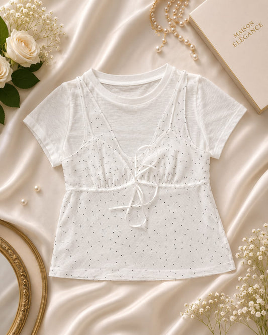 Dotted Sheer Layered Tie-Front Tee