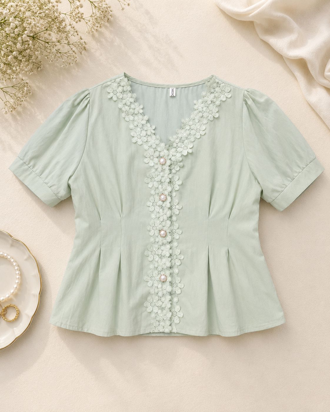 Pearl Button-up Puff Sleeve Top