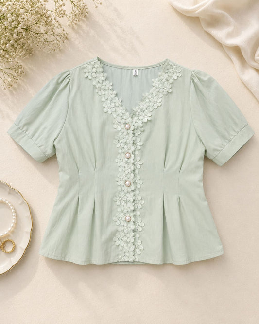 Pearl Button-up Puff Sleeve Top