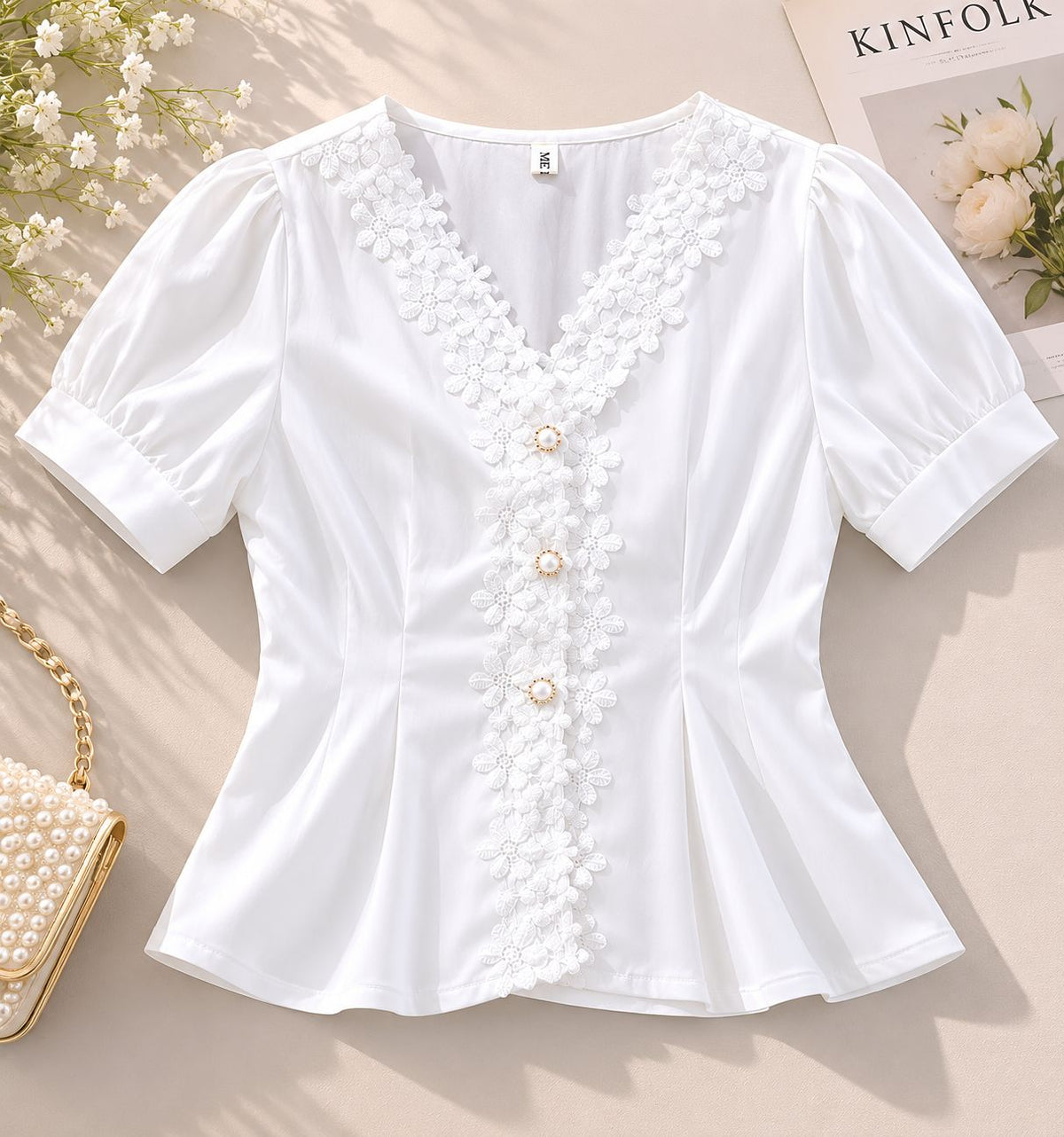 Pearl Button-up Puff Sleeve Top