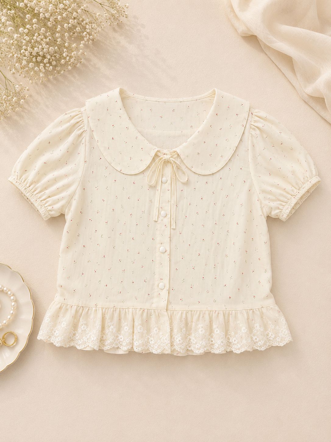 Ribbon Tie Collar Peplum Top