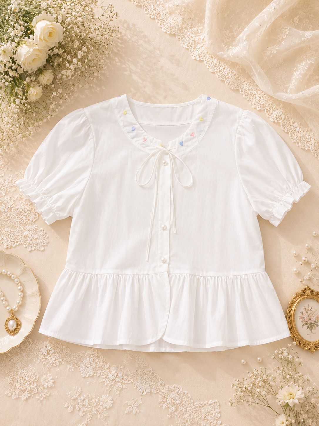 Heart Embroidered Puff Sleeve Top