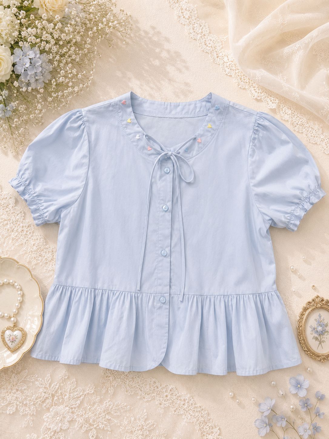 Heart Embroidered Puff Sleeve Top