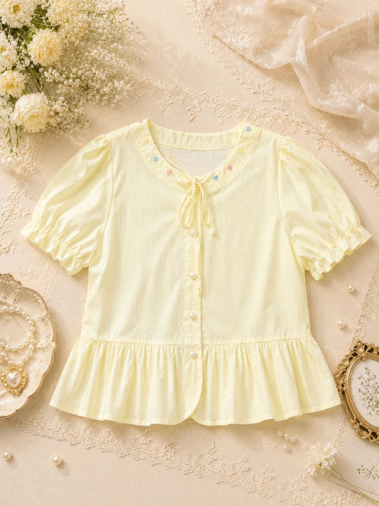 Heart Embroidered Puff Sleeve Top