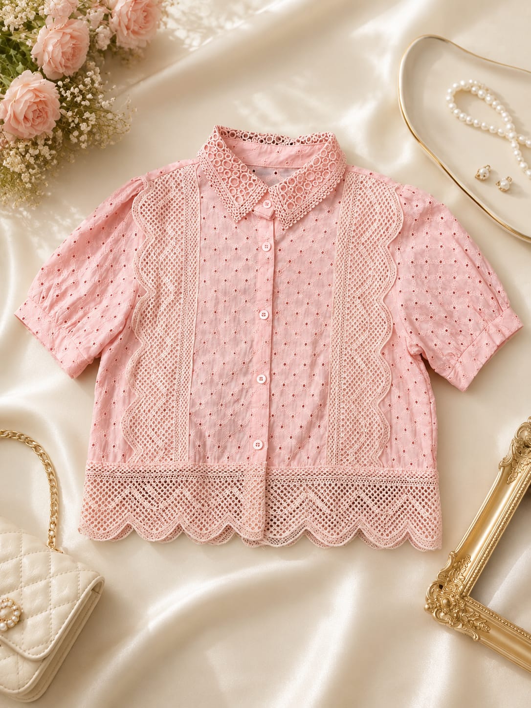 Lace Eyelet Button-up Top