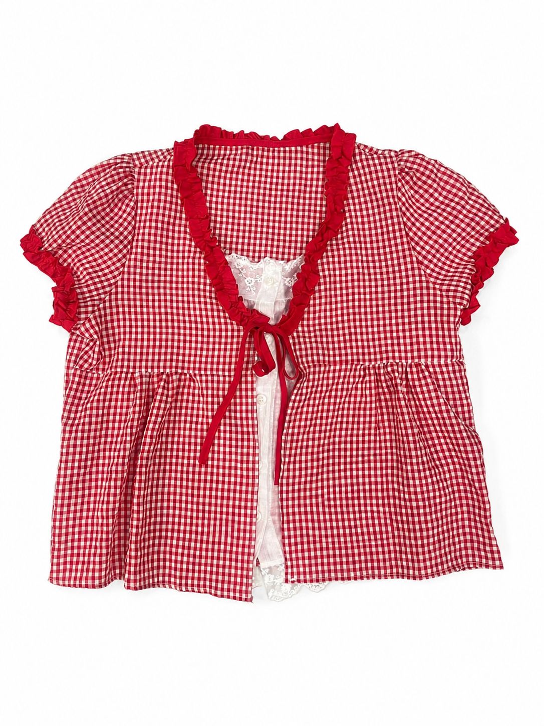 Gingham Frill Tie-Front Top