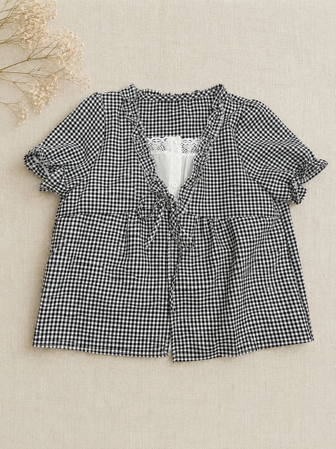 Gingham Frill Tie-Front Top