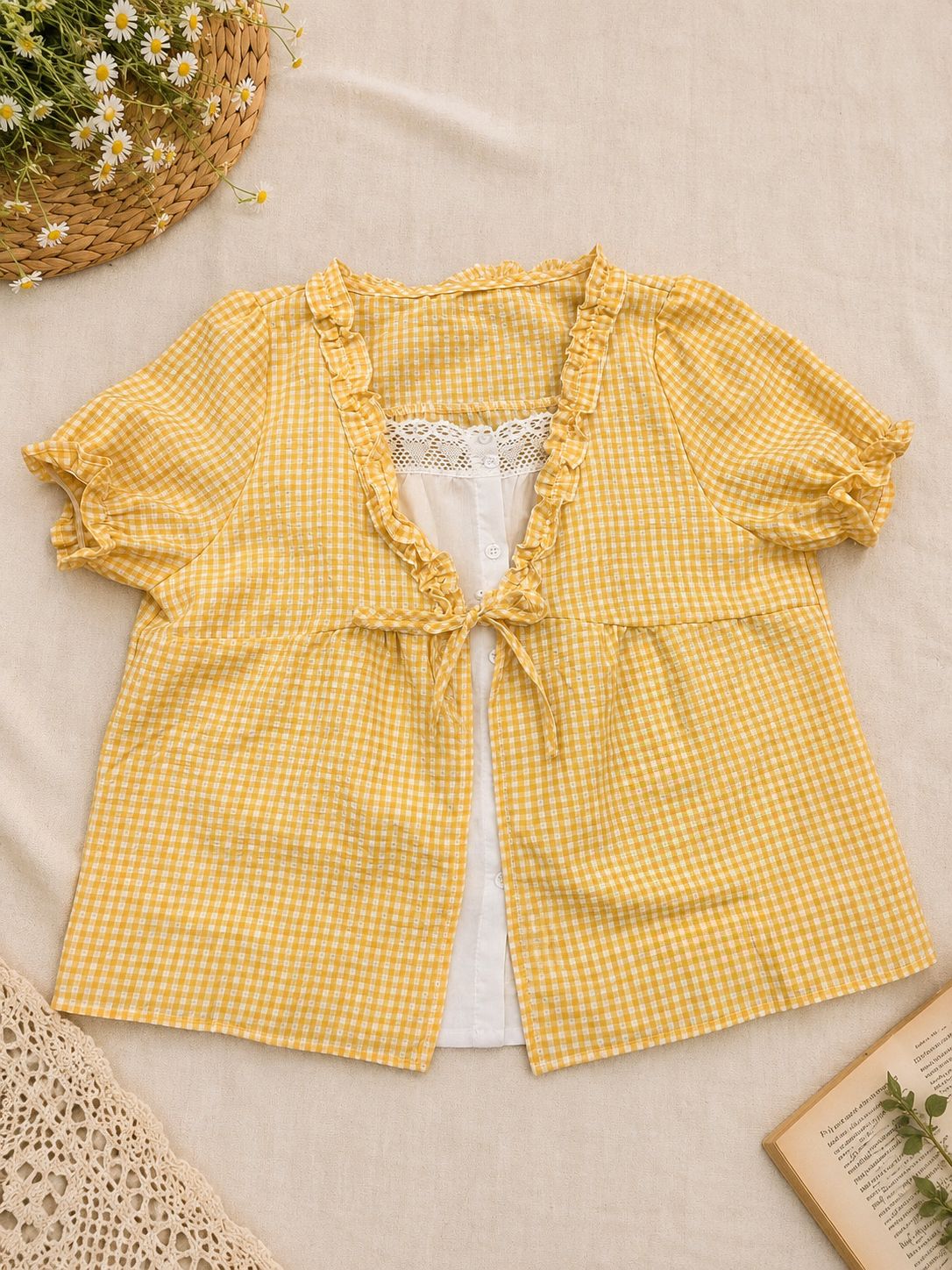 Gingham Frill Tie-Front Top