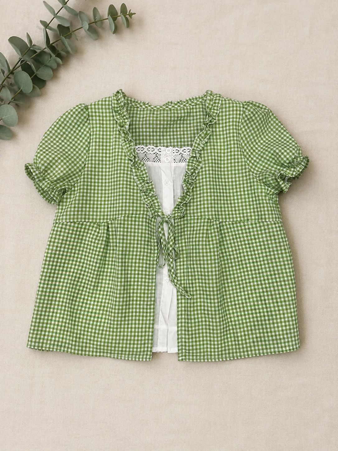 Gingham Frill Tie-Front Top