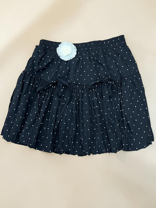 Black Polka Dot Tiered Mini Skirt with Flower Detail