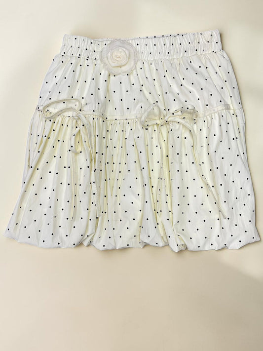 White Polka Dot Bubble Mini Skirt with Floral Detail