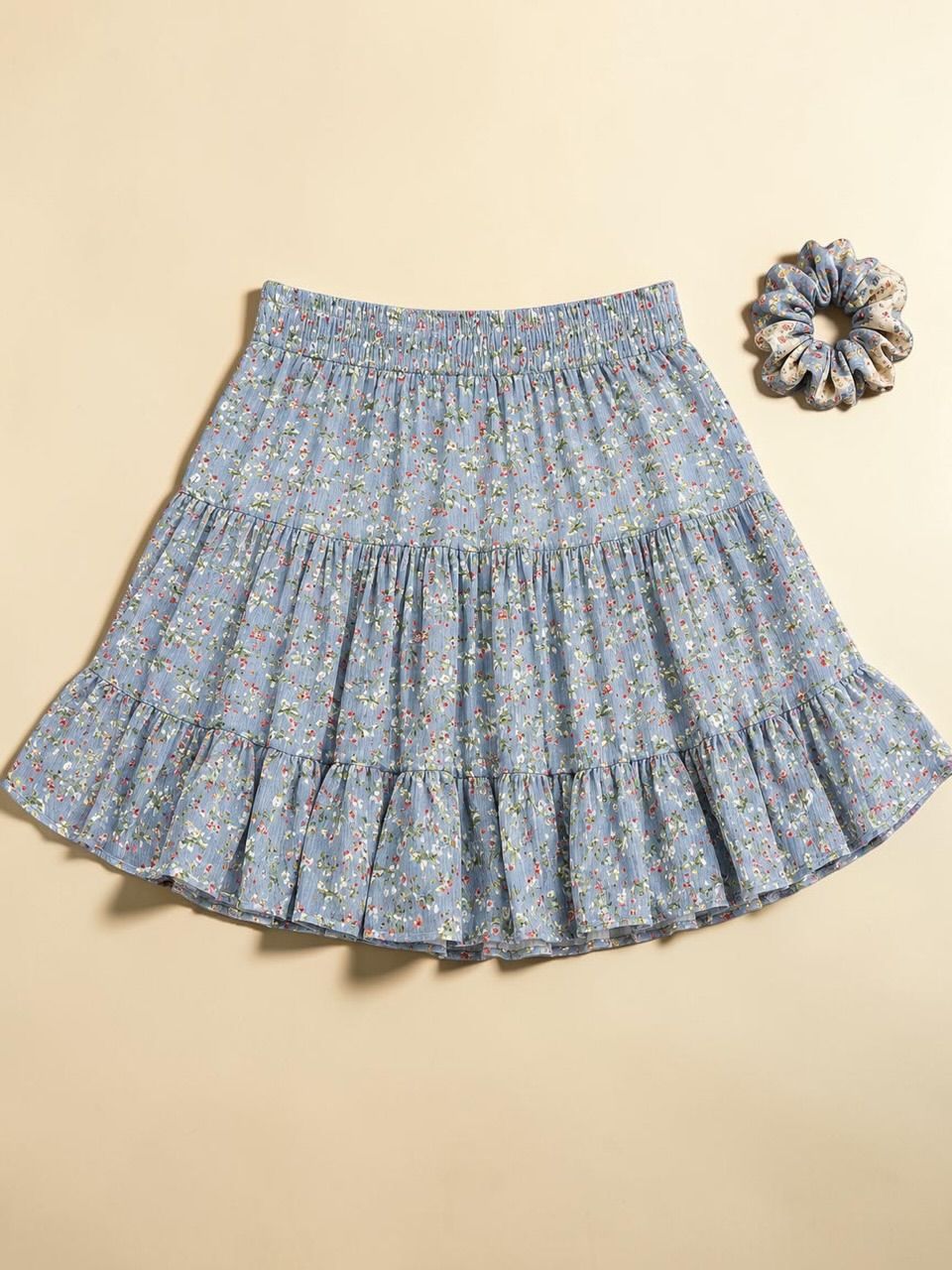 Blue Floral Tiered Mini Skirt with Matching Scrunchie