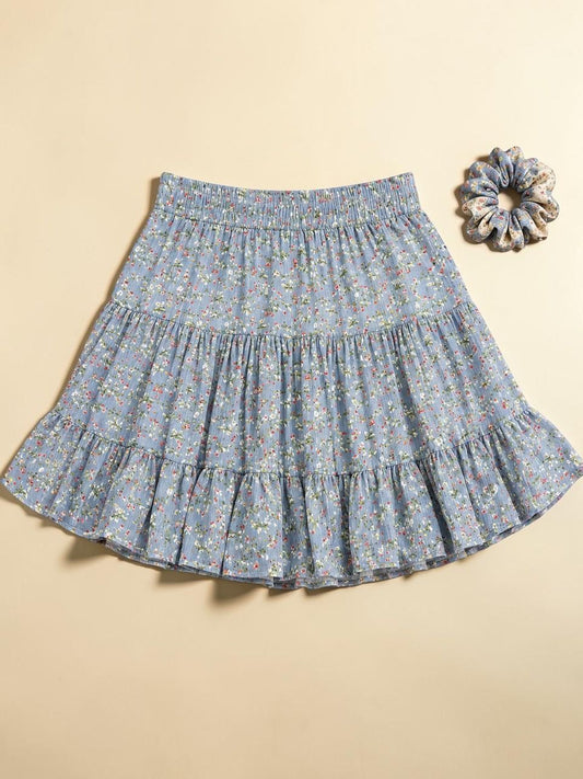Blue Floral Tiered Mini Skirt with Matching Scrunchie