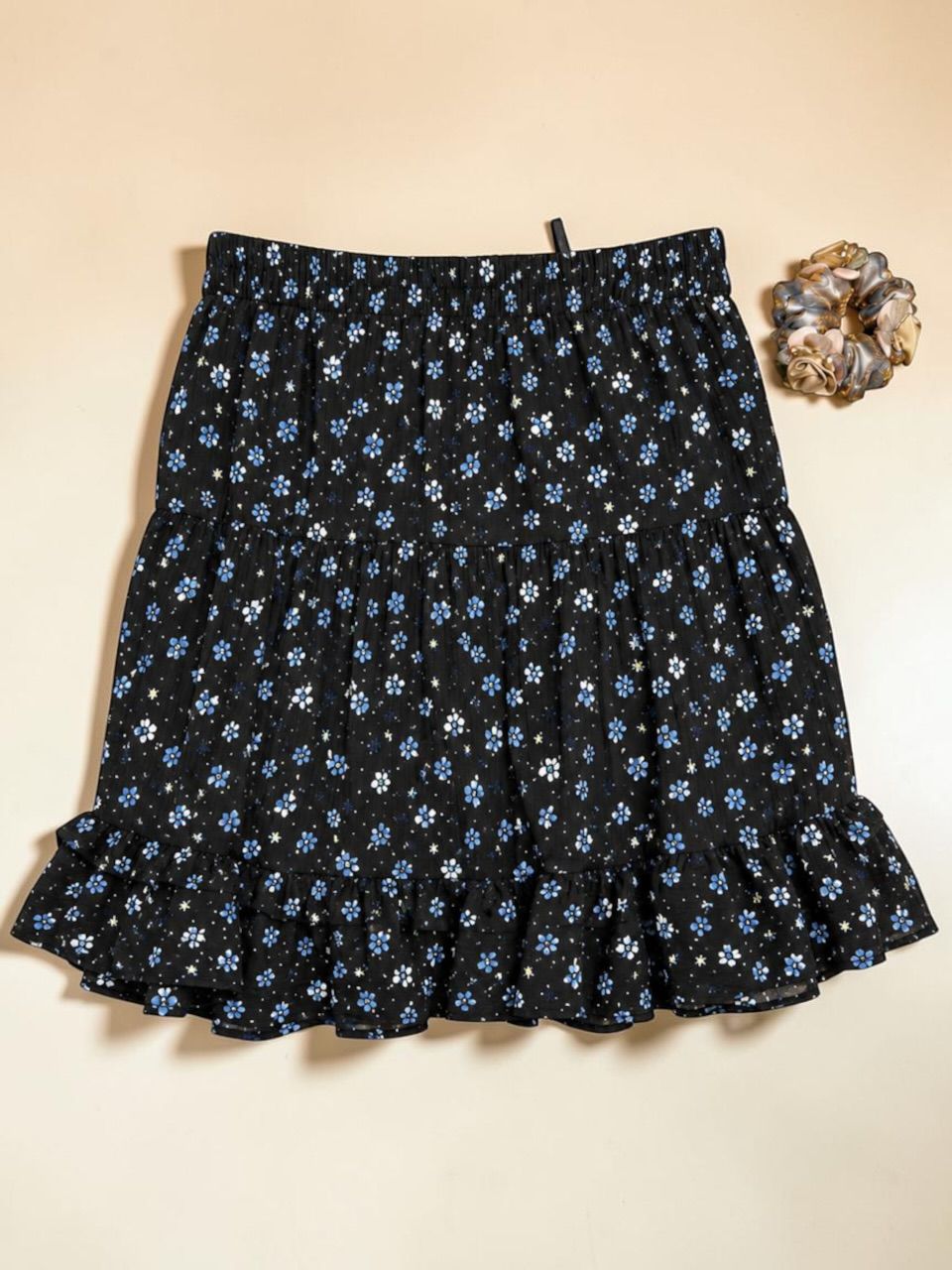 Black Floral Tiered Mini Skirt with Matching Scrunchie