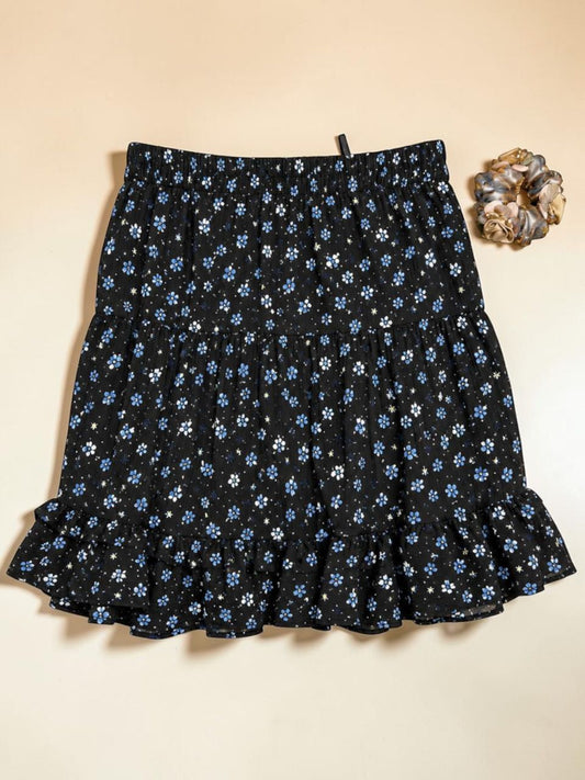 Black Floral Tiered Mini Skirt with Matching Scrunchie