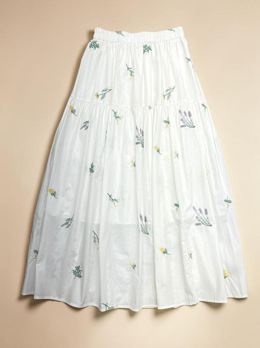 White Botanical Embroidered Maxi Skirt