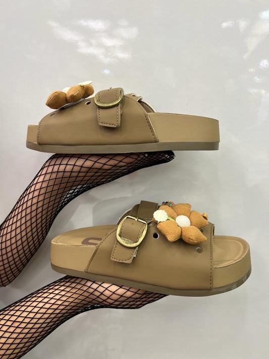 Taupe Floral Charm Buckle Slide