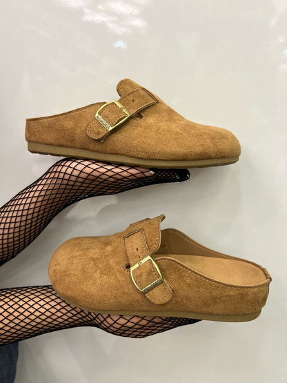 Camel Suede Buckle Clogs