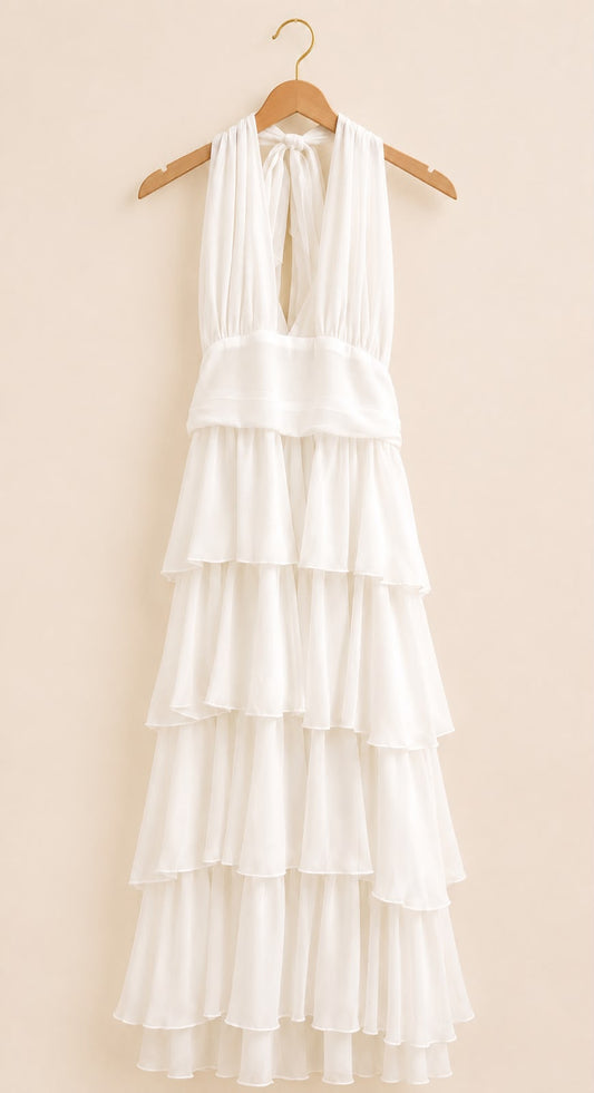 Ivory Cascade Halter Maxi Dress