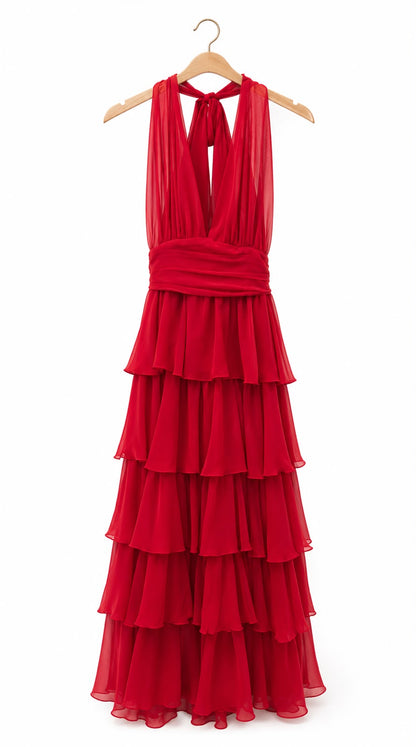 Crimson Cascade Halter Dress