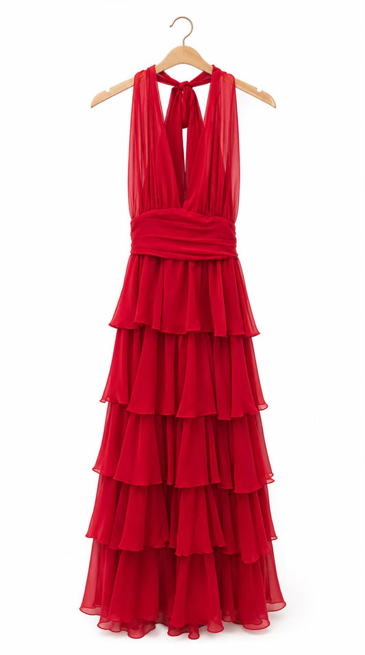 Crimson Cascade Halter Dress