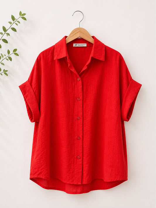 Crimson Roll-Sleeve Shirt