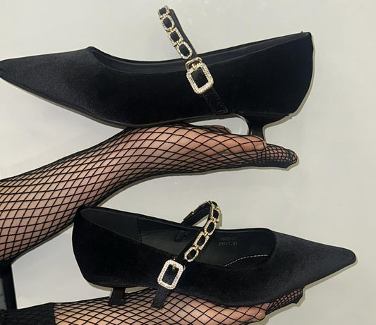 Chain Strap Velvet Kitten Heels